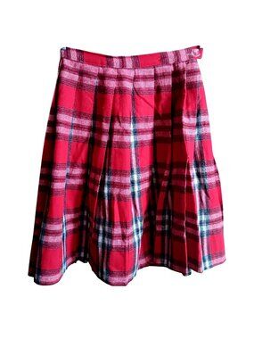 23W Vintage Pleated Skirt Red & Black Plaid With Button Zip Closure 1950's Wool